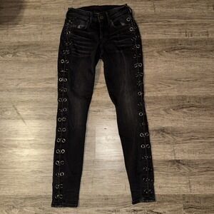 True Religion Jennie Black Denim Jeans Side Grommets 26 Curvy Skinny 26x28